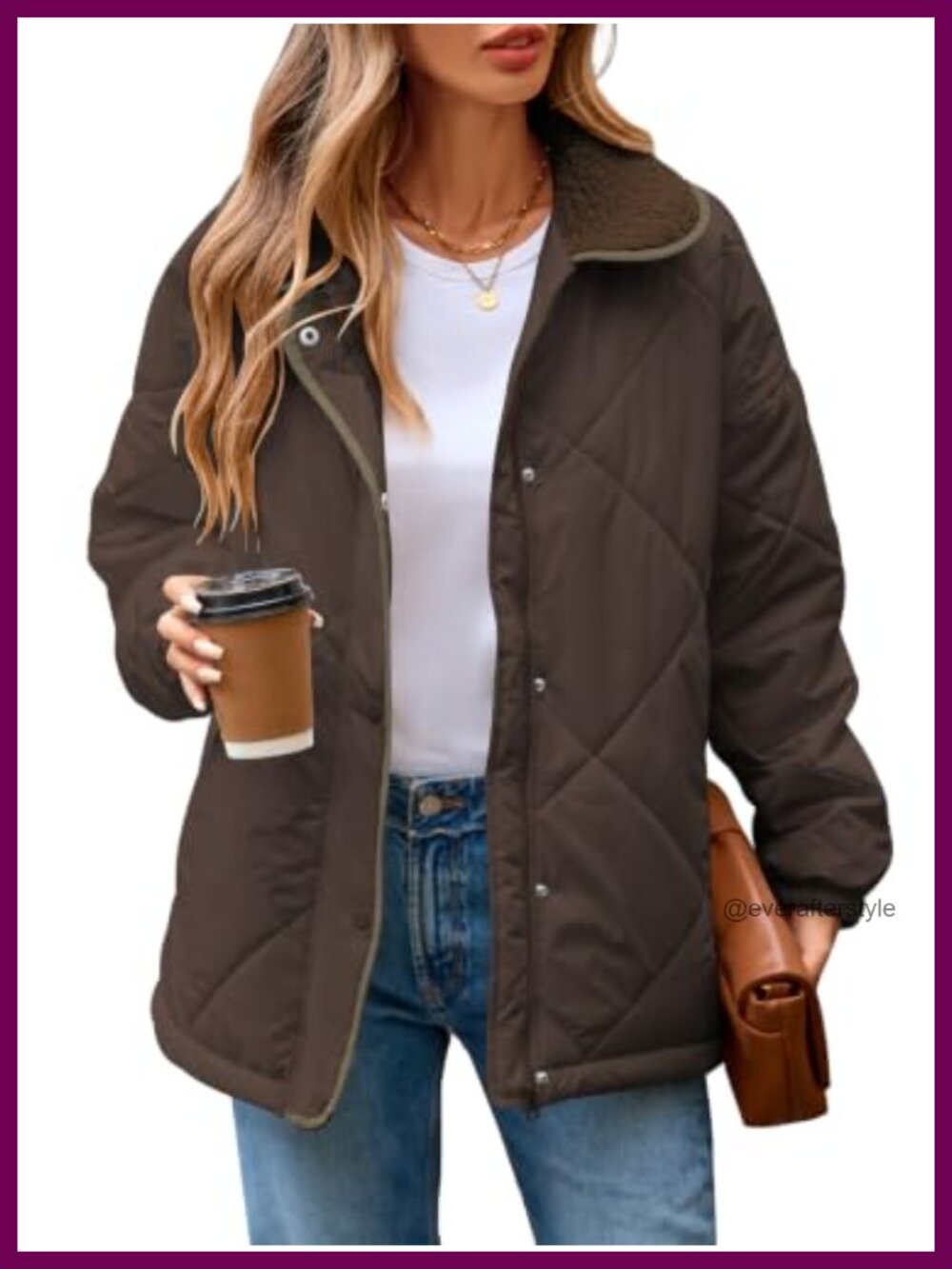 Women's Long Sleeve Quilted Jacket Zip Up Snap Button Padded Coat Fuzzy Collar